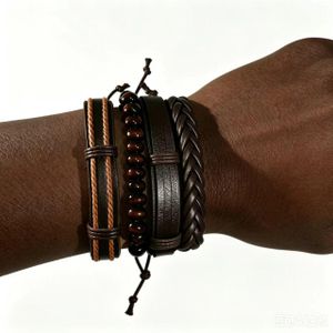 Men's Black Leather Braided Bracelet Set