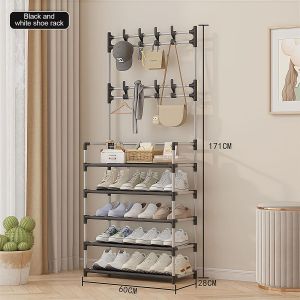 5 Tier Multifunction Shoe Rack Coat Stand, Entryway Storage Organizer With Double Hooks, Waterproof Shelves, Heavy Duty Steel Frame, 60cm