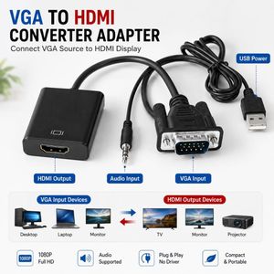 VGA to HDMI Converter Adapter with Audio & USB Power Cable, VGA Male to HDMI Female Video Converter for PC, Laptop, Monitor & HDTV
