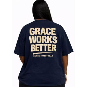 DAMBA Unisex Oversized Testimony Streetwear T-Shirt – Grace Works Better Navy Blue