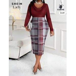 CALLIARA Lady Plus Size Burgundy Cowl Neck Long Sleeve Plaid Patchwork Bodycon Midi Dress, European & American Style Commute & Banquet Slim Fit Dress