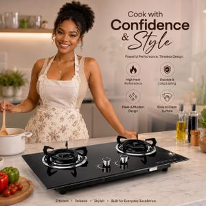 Premium Black Glass 2-Burner Gas Stove for Modern Nigerian Kitchens, Sleek, Durable, Energy-Efficient Tabletop Cooker with Safety Knobs, Auto Ignition, and Stainless Steel Burners - Best Gas Cooker for Home, Apartment, or Chef Use
