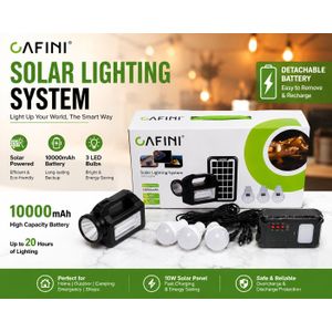 CAFINI Solar Lighting System 10000mAh Rechargeable Solar Kit with Detachable Battery, Solar Panel & 3 LED Bulbs