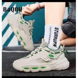 Men's Layered Sport Platform Sneakers - Off-White & Green Accented Casual Walking Shoes