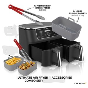 Dual Square Silicone Air Fryer Liners & Non-Stick Kitchen Tongs- Combo Set