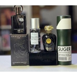 Alpha Opulent Oud 30ml & Greatness Noir 30ml & Suger Body Spray & Fallen Petals Body Mist