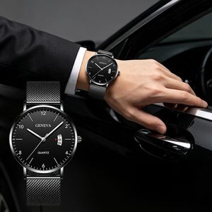 Minimalist Men Quartz Watch, Thin Black Dial Luminous Wrist Watch Stainless Steel Mesh Band Business Watch with Gift Box-Black