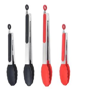 Kitchen Tongs Set of 2, 9'&12' Stainless Steel with Heat Resistant Silicone Tips, Locking, Dishwasher Safe, Black