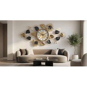 A luxurious gold wall clock  featuring a floral-inspired design with metallic leaves.