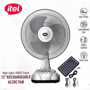 itel 12' Inch Solar AC/DC Rechargeable Fan With Panel & 2 Bulbs