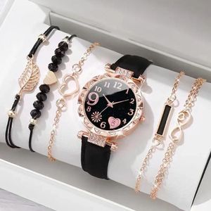 6PC/Set Black Heart Leather Quatz Wrist Watch for Women with Bracelets