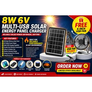 CAFINI Fast 6V Portable Solar Panel Charger – Multi-USB Outdoor Power Solutions+ Free 4Inch USB fan For Home & Office