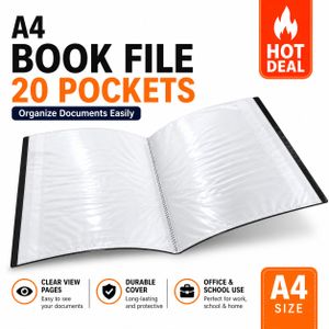 A4 Book File Folder 20 Pockets – Transparent Display File for Documents, Office & School