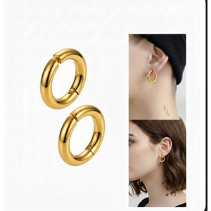2 PCs Unisex Gold Stainless Steel Clip on Hoop Huggie Earrings 