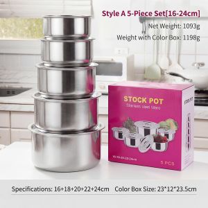 5-Piece Stainless Steel Stock Pot Set – Extra Thick 16/18/20/22/24cm – Nestable for Easy Storage – Multipurpose Bowl for Cooking, Mixing, Kneading Dough, Marinating – Compatible with Gas, Induction, Halogen, Electric – Mirror Polished – Easy Clean