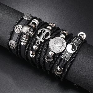 Men's 5 Piece Vintage PU Leather Bracelet Set Skull Punk Edgy - Black