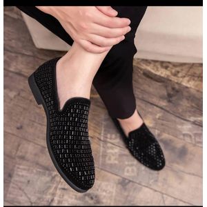 Men’s Luxury Rhinestone Slip-On Loafers – Black Velvet Formal Casual Flat Shoes