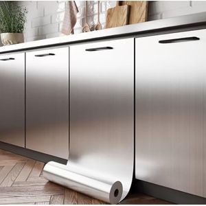 Silver metallic self-adhesive film (faux stainless steel finish) - waterproof,oil-proof, and suitable for refrigerators, stovetops, and walls,features a brushed metal or mirror-like effect