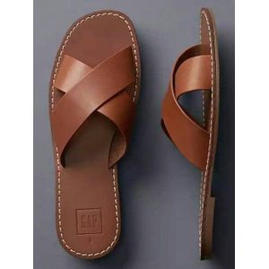 Top Quality brown Leather Ladies cross Palm Slippers 