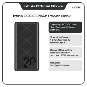 Infinix 20000mAh Power Bank, 15W Maximum Inout/Output, LED indicators, Type C In & Out, Black