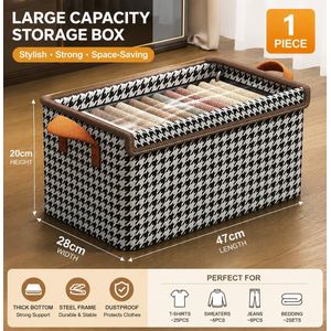 47x28x20cm Houndstooth Lidded Storage Box, PVC Steel Frame Foldable Wardrobe Organizer Bin