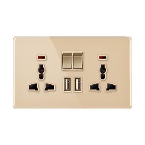 Double Switched Universal Wall Socket with Dual Vertical USB-A Charging Ports (Glass Champagne Gold Finish).
