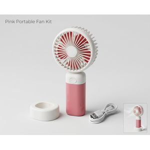 Pink Portable Handheld Mini Fan with Desktop Cradle - 3-Speed Red Blade Cooling - 500mAh Rechargeable USB Fan
