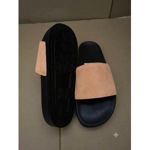 Men's Beige Suede Wide Strap Slide Sandals - Black Comfort Slip-On Pool Slides  