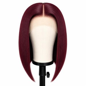 Burgundy Straight Bob Wig Middle Part Lace Front Heat Resistant Synthetic Wig For Women Daily Wear