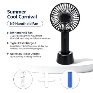 Handheld Fan N9 Black Portable 3 Speed USB Rechargeable Mini Fan for Summer Travel Office Gift