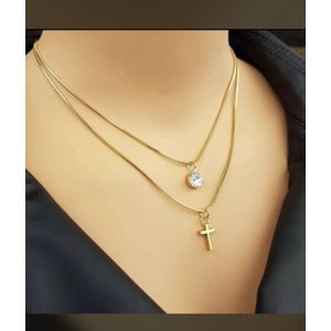 Two Steel Gold Necklace With Cross And Diamond Stone Pendant