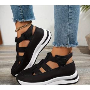 Time Fashion Women’s Casual Platform Sandal Sneakers – Breathable Closed-Toe Hook & Loop Comfort Shoes – Black