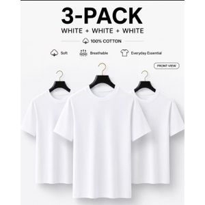 Tshirt 3-In-1 Men's Premium 100% Cotton Plain Round Neck T-Shirts Pack - Solid White