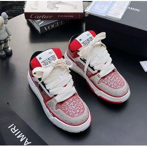 Unisex Rhinestone Crystal Luxury Low-Top Sneakers - Red & White Embellished Chunky Sneakers