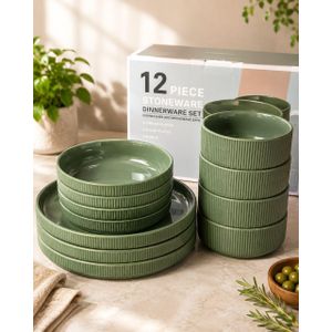 Modern 12-Piece Ceramic Tableware Set – Ribbed Plates & Deep Serving Bowls – Sage Green