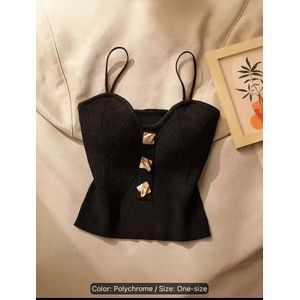 V-neck Vest Women Vest Spaghetti Strap Padded Backless Sleeveless Knitted Elastic Solid Color V Neck Button Decor Camisole Bottom Top Crop Top