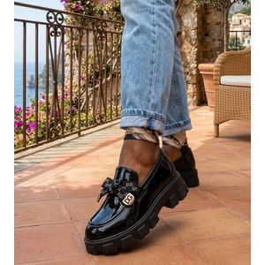 Genetic Women’s Patent Leather Chunky Loafers – Fashion Bow Slip-On Platform Flat Shoes for Casual & Office Wear