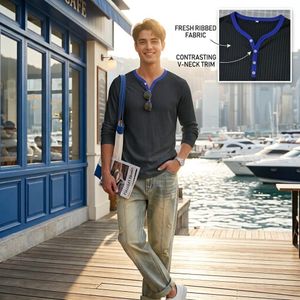 Soft Stretch Comfortable,Men's Long Sleeve Ribbed Henley Shirt with V-Neck Distinctive,Contrast Piping,Casual Base Layer Tee Lightweight Athletic Tee Tops