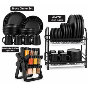 Black 16-Piece Dinnerware Set with 2-Tier Dish Drying Rack & Rotating Spice Jar Organizer – Kitchen Storage Bundle