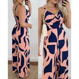 Fashionable Style Suspender Backless Wide Leg Printed Jumpsuit - Pink