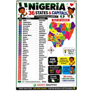 Nigeria 36 States and Capitals Wall Chart – Educational Map Poster for Kids, School & Classroom