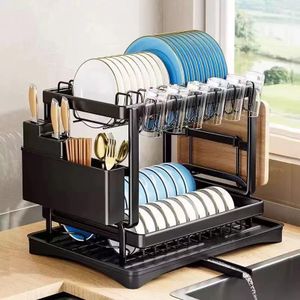 Dwellac Dish Drying Rack for Kitchen Counter with Drainboard, Large 2 Tier Dish Rack and Drainboard Set with Cutlery Holder