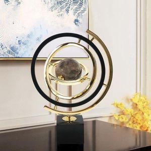 Abstract Geometric Gimbal Table Sculpture with Black Marble Sphere & Gold Accents - Modern Home & Office Decor