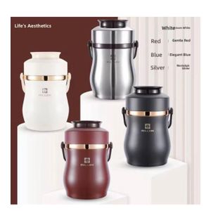 Ailijin insulated stainless steel vacuum food flask features a rose-gold accent finish and a matching folding spoon - Red, silver 