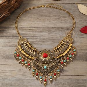 SupDevice Local Stock-Fashionable retro necklace pendant collar chain women's ethnic style accessory,Gold - Red