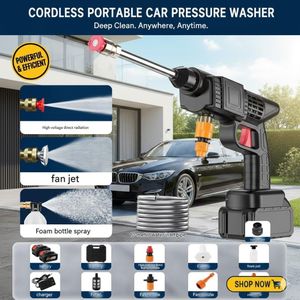 Cordless high-pressure car wash gun, comes with two batteries, multiple nozzles, and a 10m water hose.
