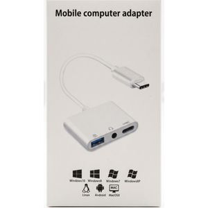 3-in-1 Type-C To USB 3.0 + 3.5mm AUX + Type-C Audio & Data Hub Adapter - White