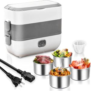 Portable Electric Lunch Box 2 Layer Heating Lunch Box with 4 Stainless Steel Containers Rice Cooker Steamer