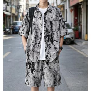 2 in 1 Two-piece parent-child set, ice silk tie-dyed men;s sportswear set, a refreshing and trendy summer fashion set, light gray loose short-sleeved two-piece set