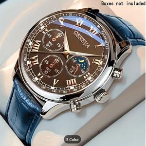 Men'S Geneva Mens Quartz Analog Wristwatch - Luxury Roman Numeral Dial - Blue Leather Strap Sophisticated Fashion Wrist Watch